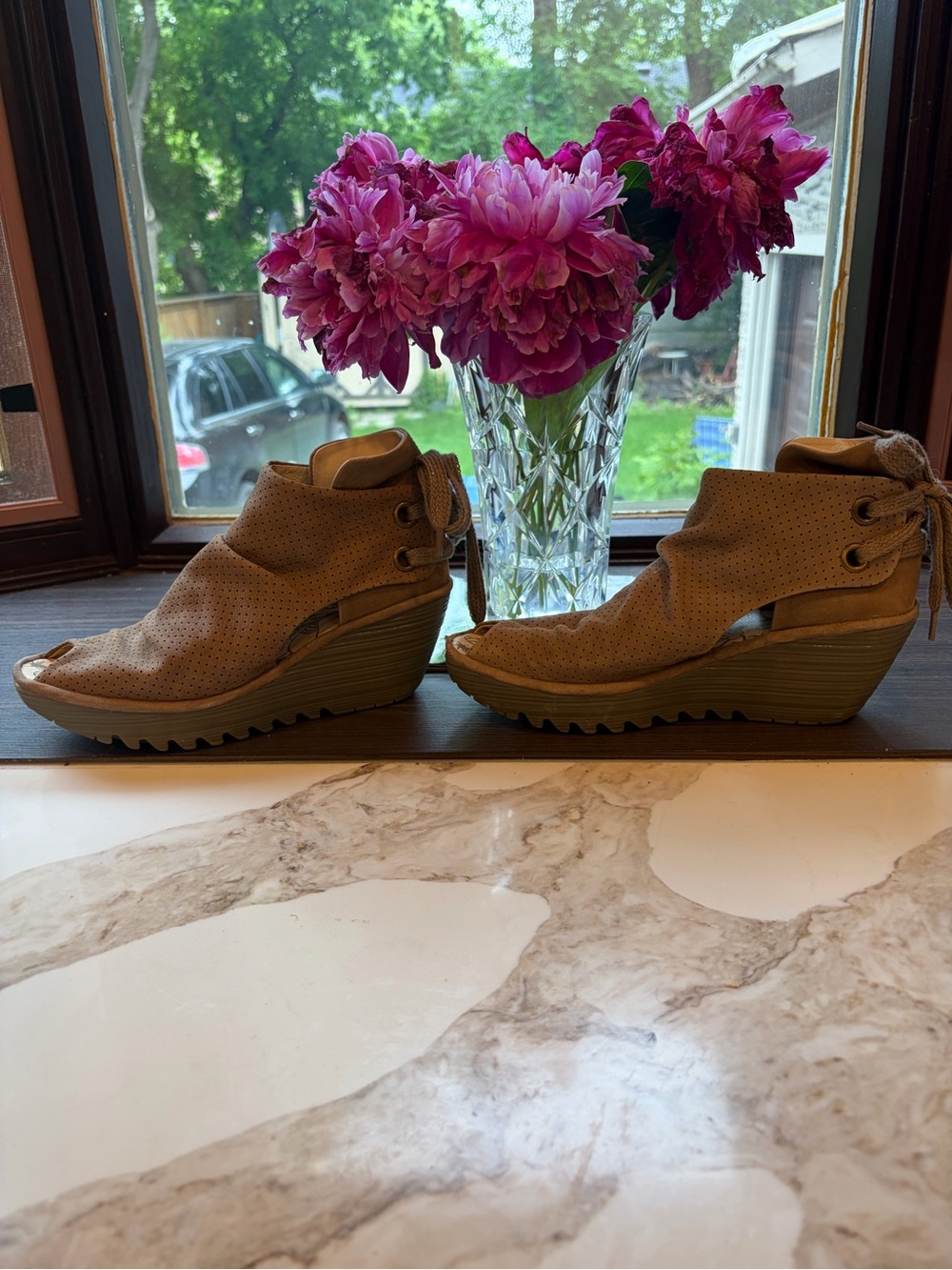 Fly London Tan Perforated Suede Wedge Ankle Booties